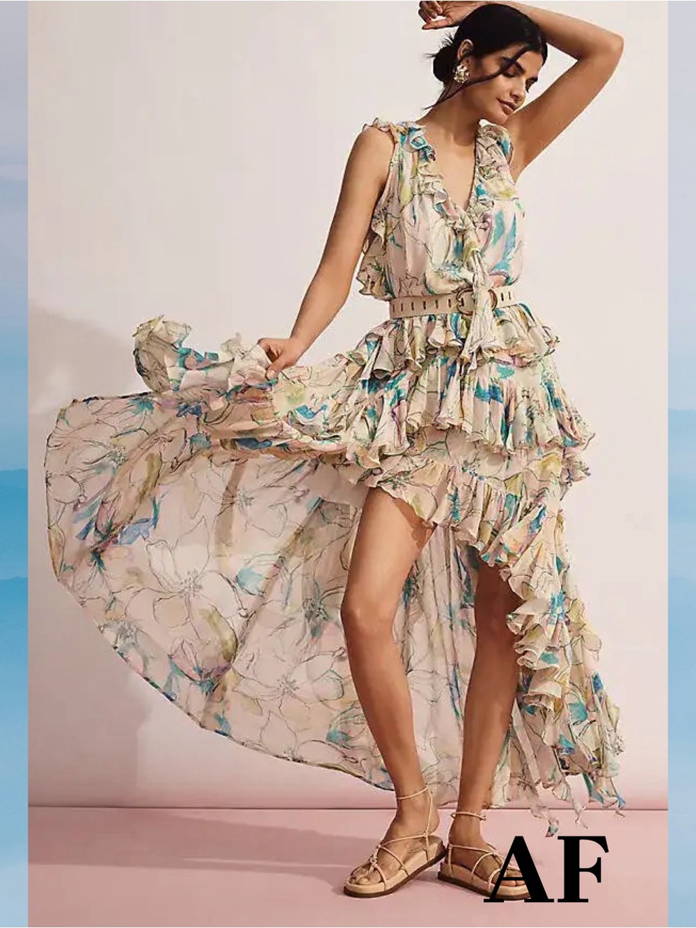 Maeve Floral Ruffle High-Low Maxi Dress in Beige and Aqua New Large